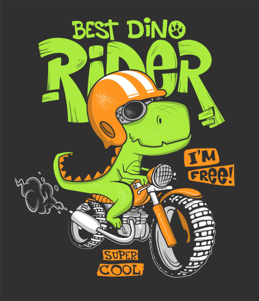 Dinosaur riding a motorbike vector print design Dinosaur riding a motorbike vector print design. cartoon t shirt design stock illustrations