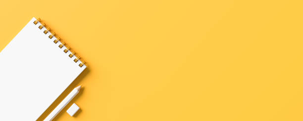 istock White pencil and notebook isolated on yellow background with copy space. Creative background for education or business concept design. 3D illustration. 1212330189