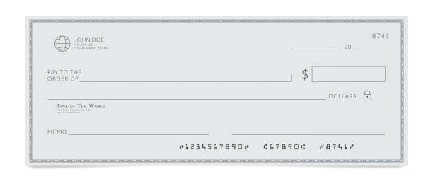 Blank template of the bank cheque. Checkbook check page with an empty fields to fill. Blank template of the bank cheque. Checkbook check page with an empty fields to fill financial bill stock illustrations