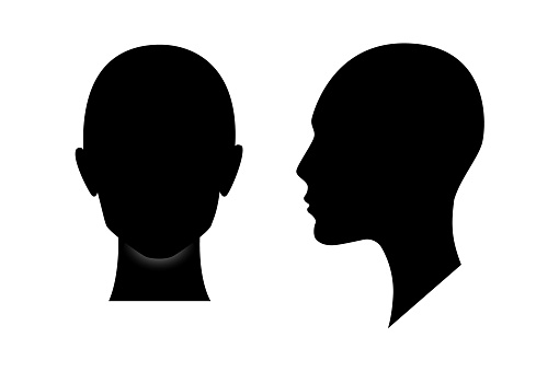 Front and side view silhouette of a woman head. Anonymous female person avatar.