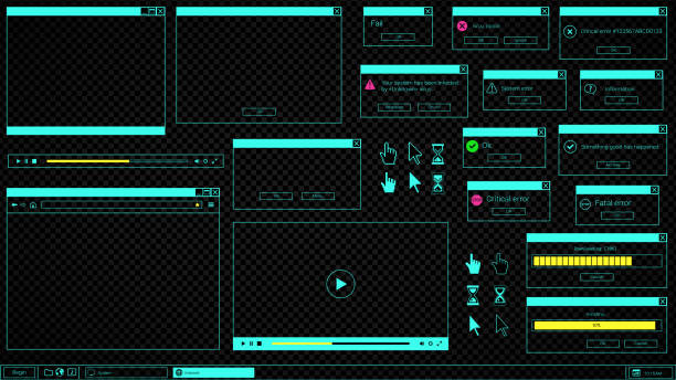 デスクトップ要素のコントラストui:webブラウザウィンドウ、ビデオプレーヤー、エラーメッセージ、コンピュータカーソル。 - browser window点のイラスト素材／クリップアート素材／マンガ素材／アイコン素材