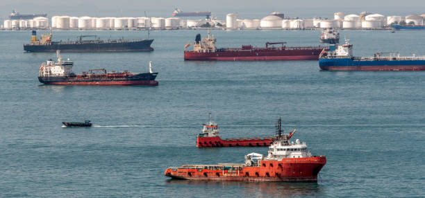 Ships and oil tanks at the Strait of Malacca stock photo