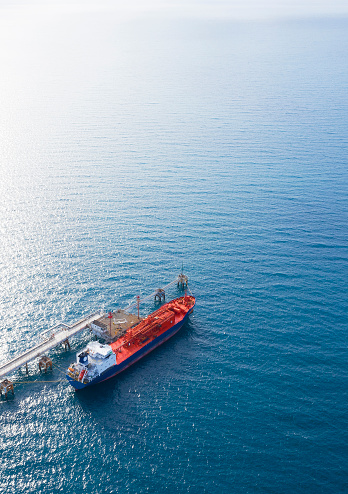 Aerial view of tanker waiting for loading.