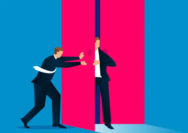 Vector illustration of Competition, shut out,Businessman prevents companion from entering the door