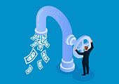 istock Businessman opens faucet valve to control money outflow 1212333891