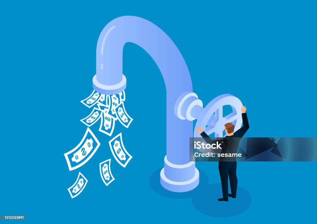 Businessman opens faucet valve to control money outflow Currency stock vector