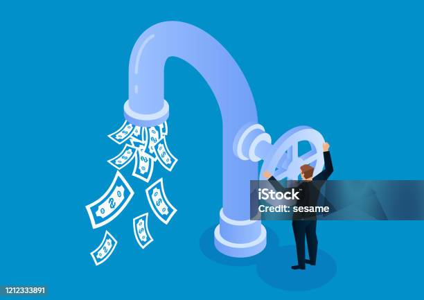 Businessman Opens Faucet Valve To Control Money Outflow Stock Illustration - Download Image Now