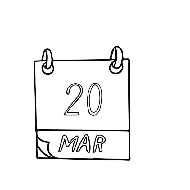 calendar hand drawn in doodle style. March 20. day, date. icon, sticker, element calendar hand drawn in doodle style. March 20. Earth Day, Vernal Equinox, international, happiness, date. icon, sticker element for design first day of spring stock illustrations