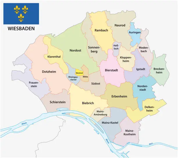 Vector illustration of Administrative map of the state capital of Hesse Wiesbaden with flag