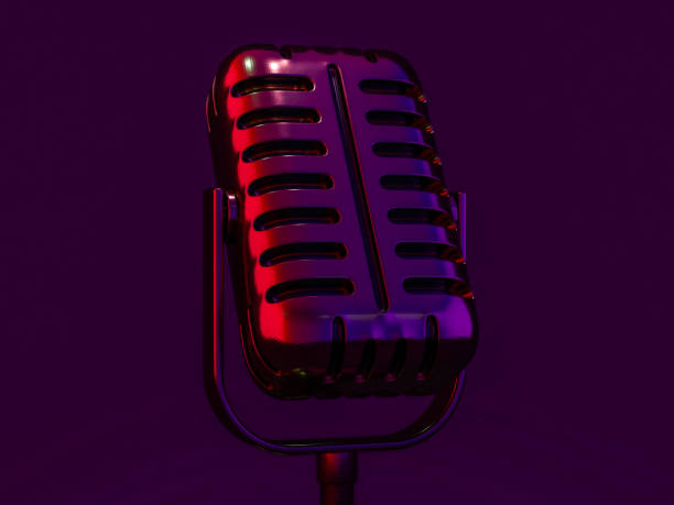 istock Vintage microphone on dark colorful background. 3D 1212338315