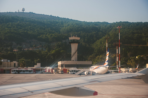 Rhodes, Greece - September 20, 2019, SmartWings Airlines Plane Parked On Rhodes International Airport with airport tower infront