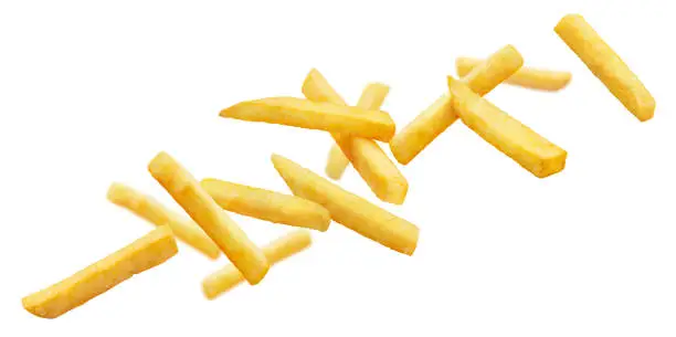 Flying potato fries, isolated on white background