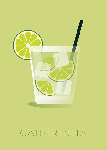 Caipirinha - brazilian's national cocktail made with cachaca, sugar and lemon or lime, isolated on green background