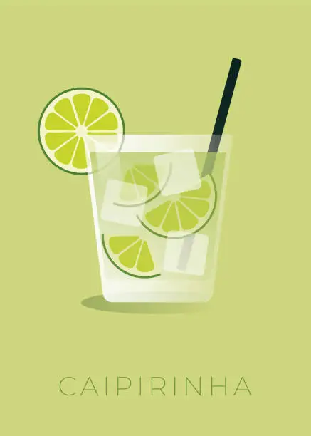 Vector illustration of Caipirinha cocktail with lime wedge. Stock illustration