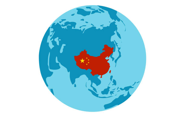силуэт страны китайской народной республики на карте мира. глобус вид из азии стороне с китаем выделены в красном цвете. иллюстрация плоско - china stock illustrations