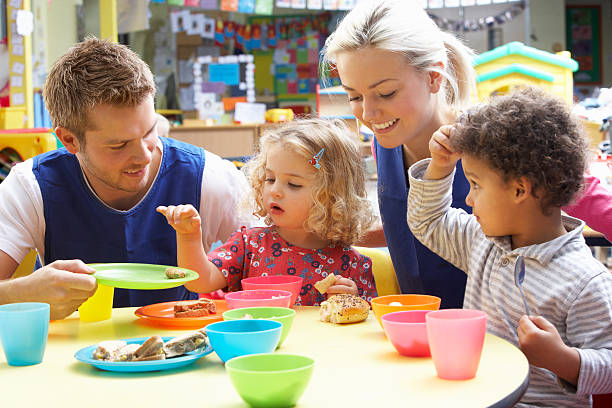 Nursery School Children Having Lunch Nursery School Children Having Lunch With Nursery Workers preschool building stock pictures, royalty-free photos & images