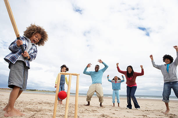 istock Family playing cricket on beach on a cloudy day 121234442