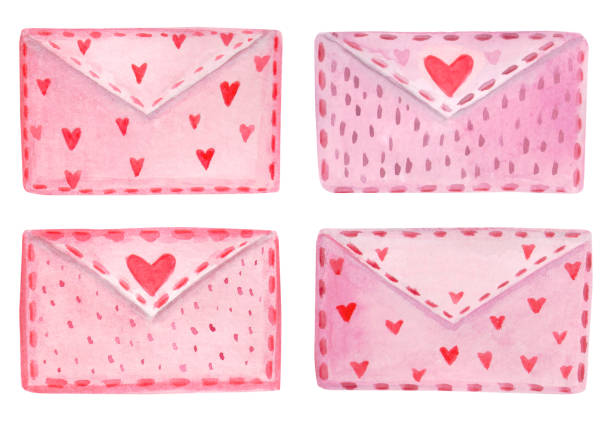 розовые романтические акварели конверты для любимого человека, набор конвертов - painted image paint art letterpress stock illustrations