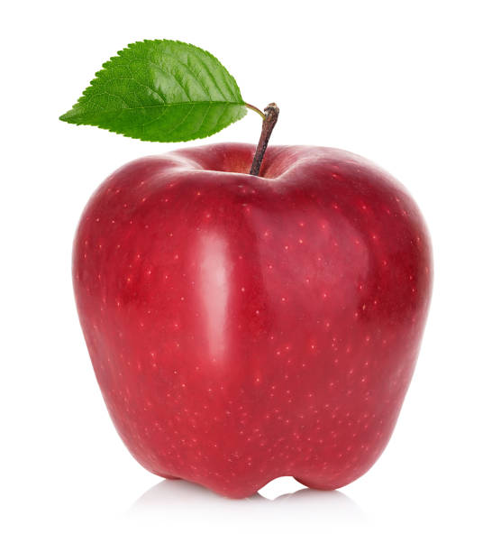 istock Red apple with green leaf isolated on white background. 1212349810