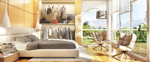 Modern bedroom with a sliding wardrobe