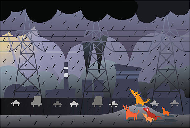 illustrazioni stock, clip art, cartoni animati e icone di tendenza di di trasmissione di potenza, cani e dell'inquinamento - acid rain