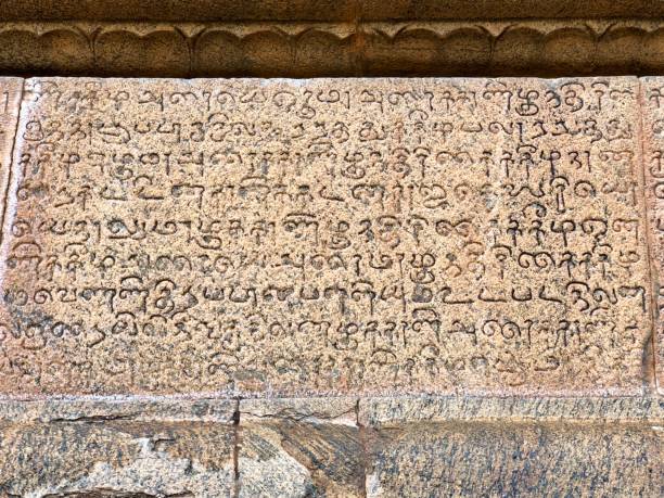 Amazing view of wall inscriptions found in Brihadeeshwara temple, Thanjavur In Brihadeeshwara temple, thousands of wall inscription found throughout the temple walls. All these inscription made by Raja Raja chola to honour every people who works for the temple dravidian culture stock pictures, royalty-free photos & images
