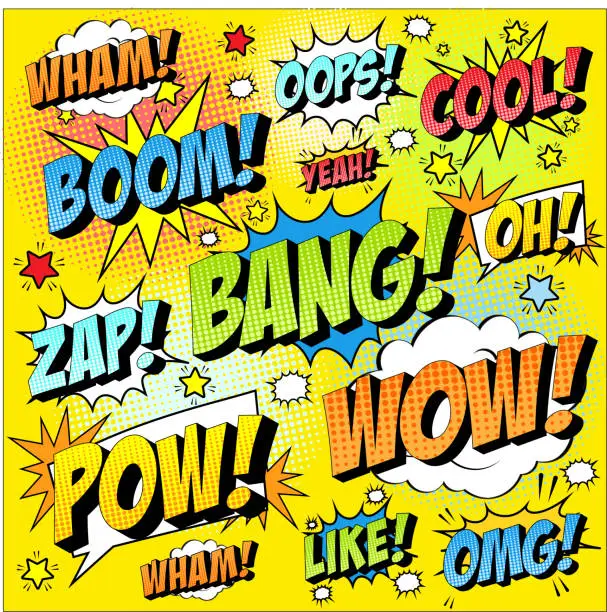 Vector illustration of Colorful set of comic icon in pop art style. Wham, Wow, Oops, Cool, Yeah, Boom, Bang, Zap, Oh, Pow, Wow, Omg, Like.