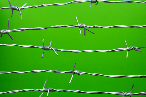Barbed wire, close-up, green background.