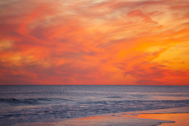istock Commercial airplane approaching its destination over a beach during a vibrant pink and orange sunset. 1212356067