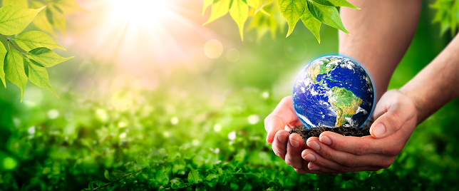 Hands Holding Planet Earth On Soil In Lush Green Environment With Sunlight - The Environment Concept - Some Elements Of This Image Were Provided By NASA\nhttps://earthobservatory.nasa.gov/images/565/earth-the-blue-marble\nCreated With Adobe Photoshop