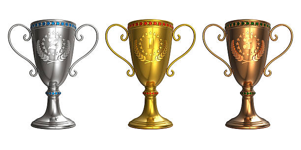セットのゴールド、シルバー、ブロンズカップトロフィー - pedestal football award concepts ストックフォトと画像