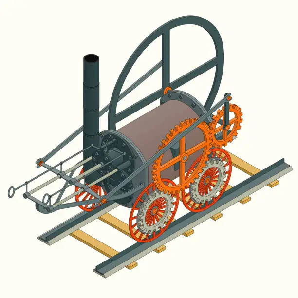 Vector illustration of Trevithick's first steam-powered locomotive engine 1802