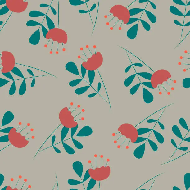 Vector illustration of Seamless floral pattern. Green twigs and orange flowers on a beige background. Vektor. Decor element. Suitable for wallpaper, covers, fabric, wrapping paper