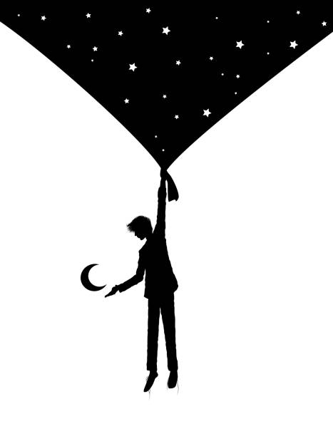 boy shadow or silhouette holds the night sky curtain with stars and invites the moon in the heavens. Dream story vector concept. vector art illustration