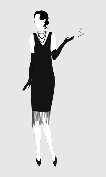 복고풍 스타일의 소녀 또는 여자의 실루엣. 블랙 화이트 실루엣. 전체 길이 이미지. 손에 담배를 가진 소녀. 흰색 배경에 분리합니다. 벡터 - 1930s style women fashion retro revival stock illustrations