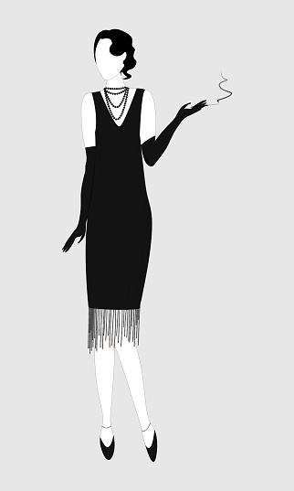 Silhouette of a girl or woman in retro style. Black-white silhouette. Full-length image. Girl with a cigarette
in the hand. Separate on a white background. Vector