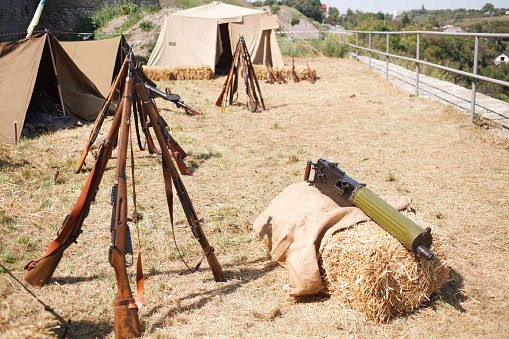 Rifles pyramids with ammunition, First World War–era reenactment