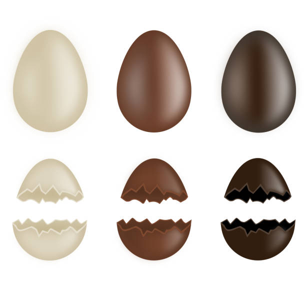 set of whole and broken chocolate eggs set of whole and broken chocolate eggs vector easter cake stock illustrations