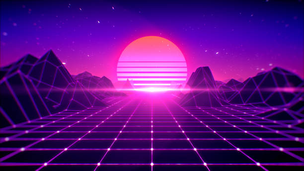 Retro background futuristic 80's style, digital summer landscape mountain, sun and space with laser grid on terrain, 3d rendering Retro background futuristic 80's style, digital summer landscape mountain, sun and space with laser grid on terrain, 3d rendering. vj loop stock pictures, royalty-free photos & images
