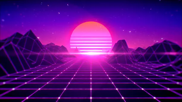 Photo of Retro background futuristic 80's style, digital summer landscape mountain, sun and space with laser grid on terrain, 3d rendering