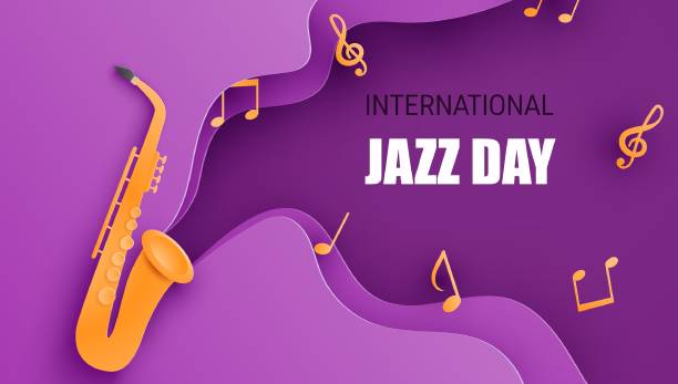 международный день джаза плакат или баннер с саксофоном в стиле бумажного выреза. цифровое ремесло бумажного искусства. - jazz instrument stock illustrations