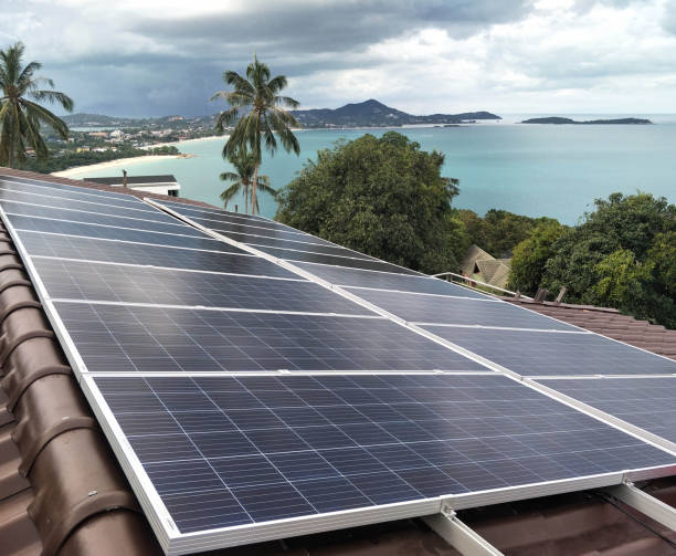 istock Solar panel   installation    on the roof with nice view 1212364431