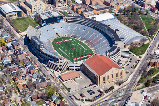 An aerial photograph of Camp Randall Stadium in Madison, Wisconsin shot from an aeroplane.