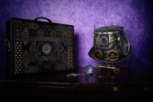 istock Time traveler with suitcase and Steampunk hat 1212364480