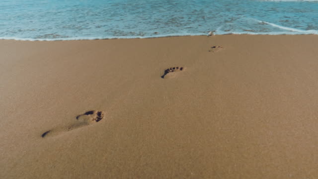 Slow-motion shot of a sea wave washing off all the footprints except for one.