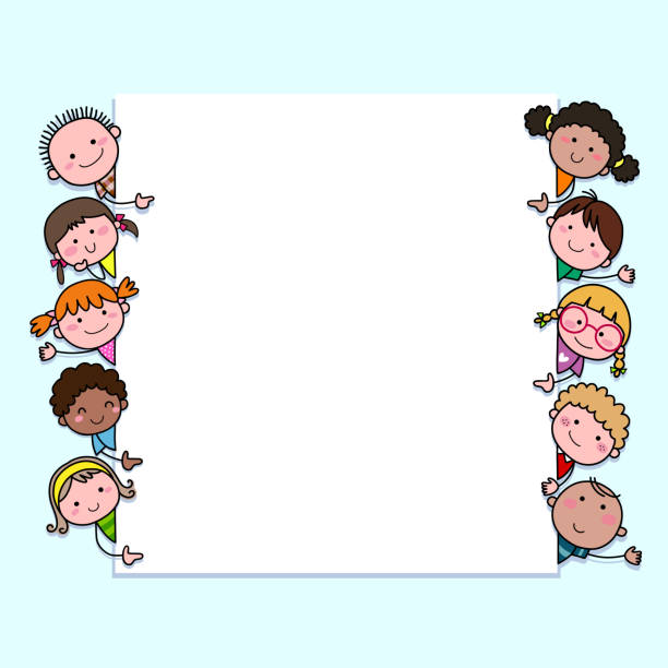Hand-drawn cartoon kids looking at blank sign with copy space. Background with cute cartoon children. Hand-drawn cartoon kids looking at blank sign with copy space. Background with cute cartoon children. classroom borders stock illustrations
