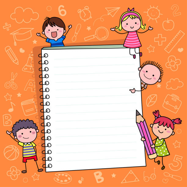 노트북과 아이들이있는 학교 배경 템플릿으로 돌아갑니다. 손으로 그린 학교 항목과 만화 어린이. - paper education preschool blank stock illustrations