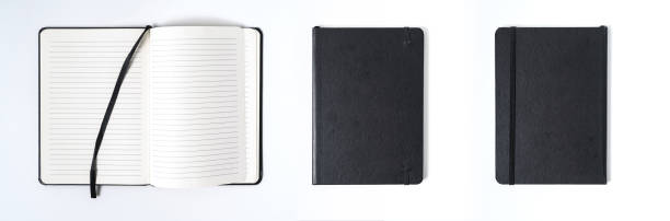 istock Notebook mock up with clean black blank for design and advertising. Notepad with chromed spring and free copy space template. On the gray background. 1212371318
