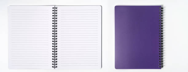 istock Business concept - Top view collection of spiral kraft notebook front, purple And white open page isolated on background for mockup 1212371633