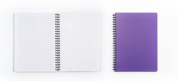 istock Business concept - Top view collection of spiral kraft notebook front, purple And white open page isolated on background for mockup 1212371726